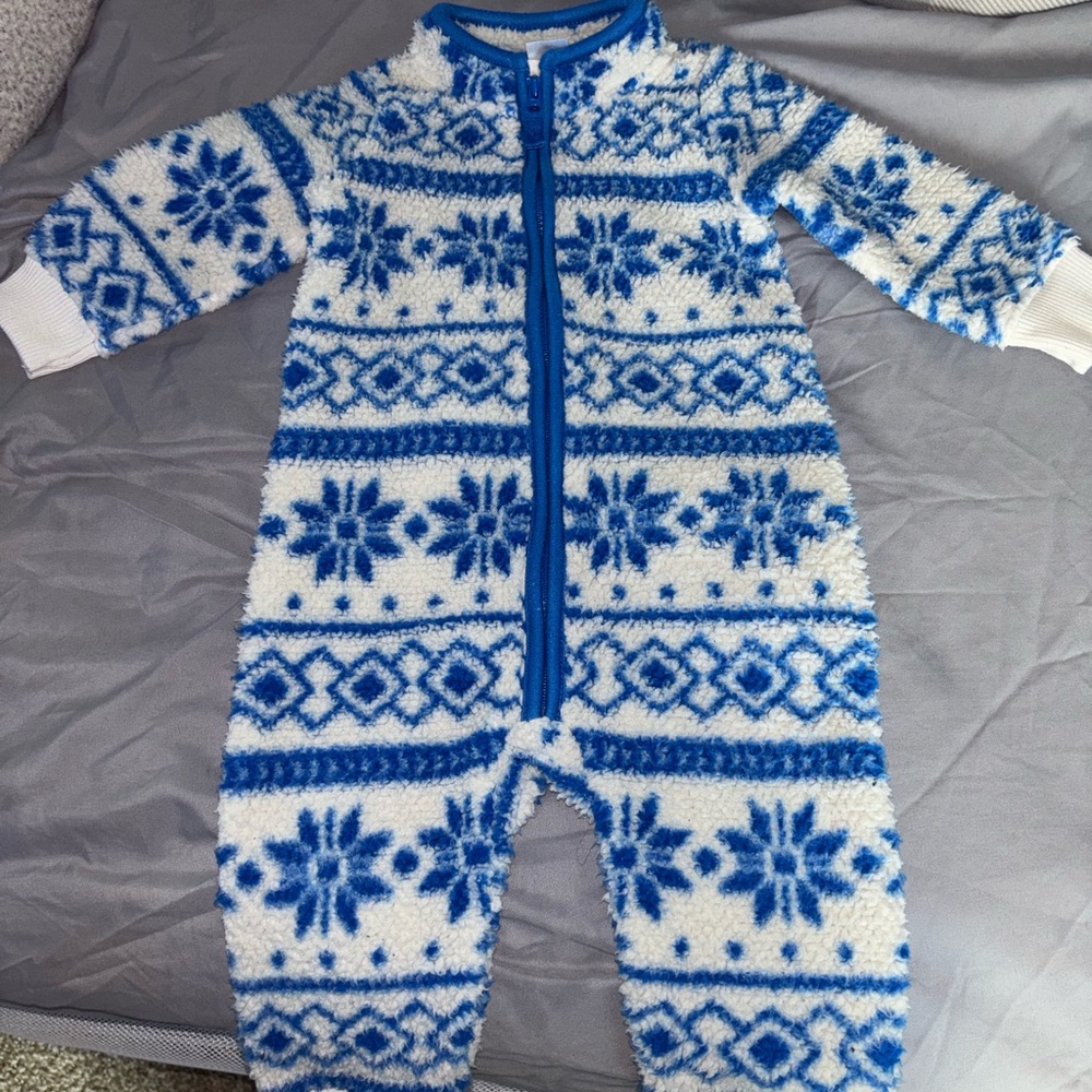 Carter's White and Blue Snowflake Fuzzy Fleece Footed One-Piece